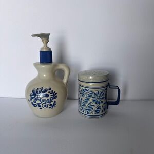 Avon Country Jug Lotion Dispenser & Talc Shaker Blue Floral Vintage